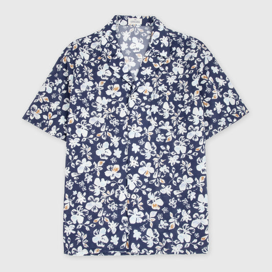 Short Sleeve Camp Collar Floral Print Shirt Blue