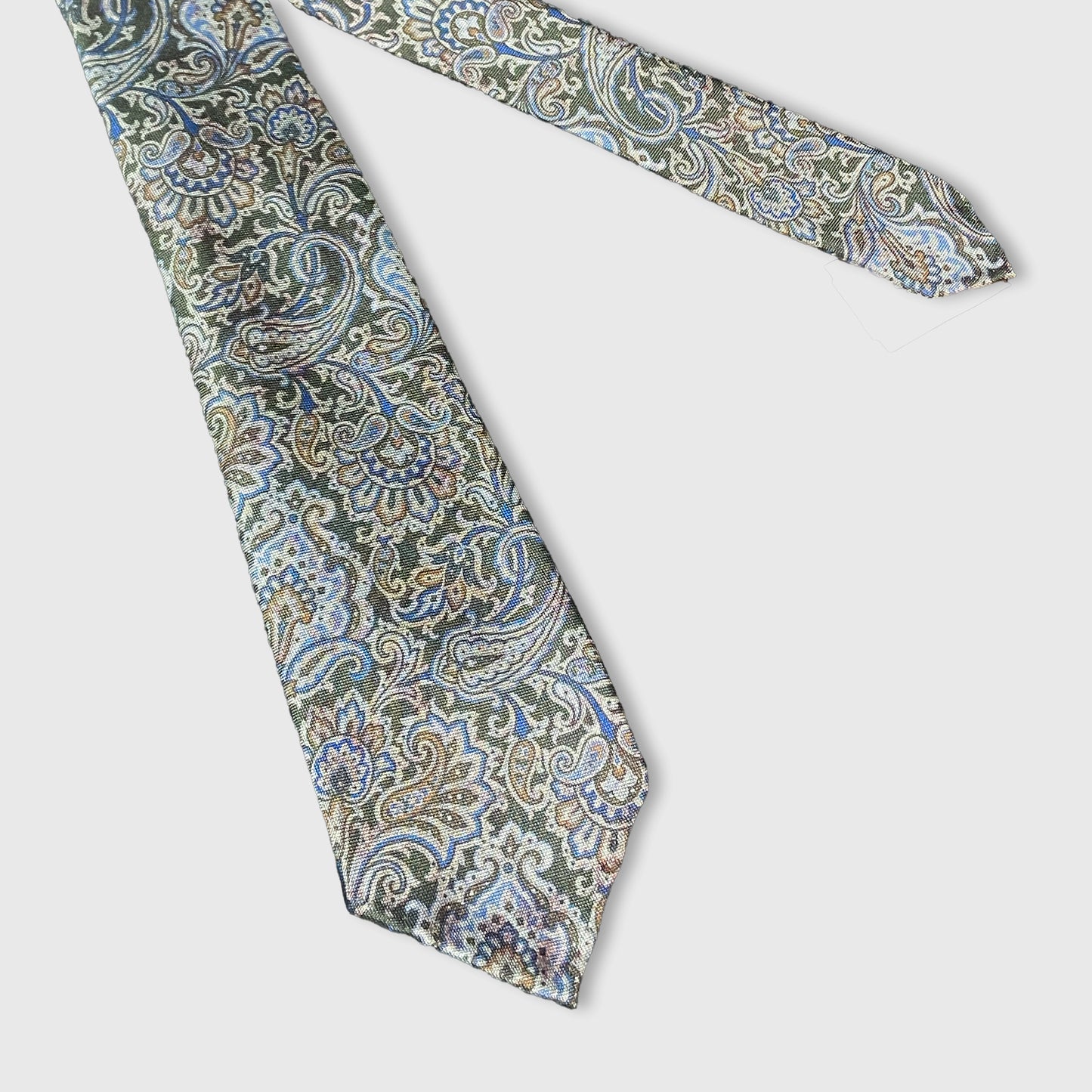 Olive Green, Light Blue and Marigold Paisley Woven, Sevenfold Silk Tie
