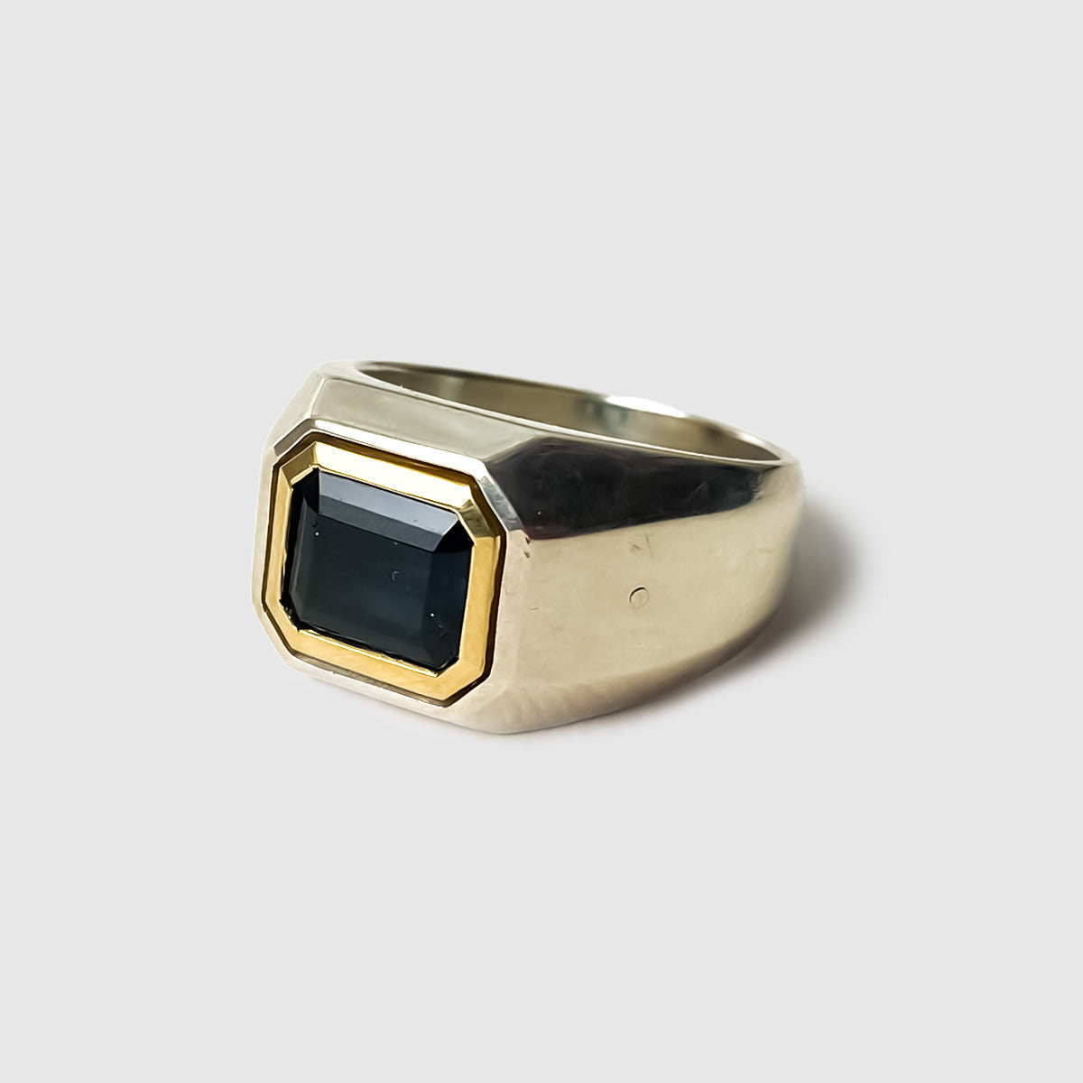 Solitaire Rectangle Ring in Silver and Yellow Gold with Blue Tourmaline