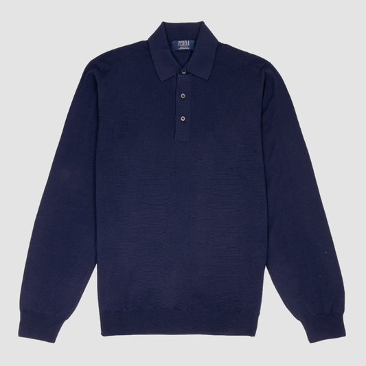 Wool Long Sleeve Polo Shirt - Navy