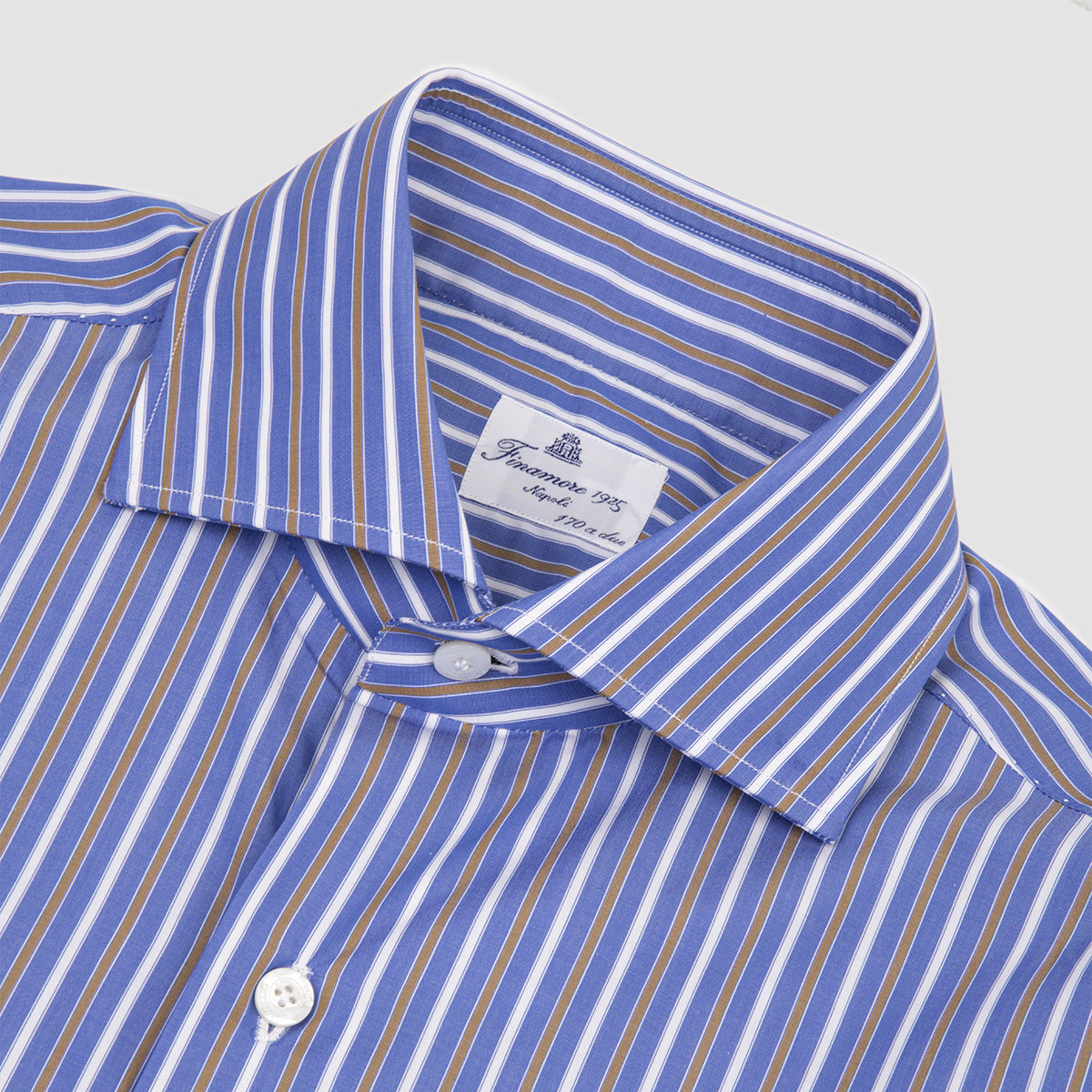 Blue/Brown/White Stripped Poplin with Eduardo Spread Collar in Napoli Fit 170/2 Dress Shirt