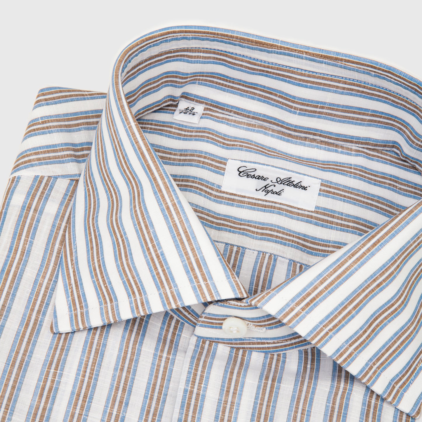 Striped Linen & Cotton Shirt  with Lino Collar White, Brown and Blue