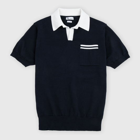 Short Sleeve Knit Polo Shirt with Contrast Collar Navy & white