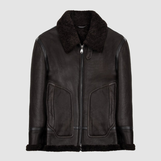 Waxed Shearling Flight Jacket - Dark Brown