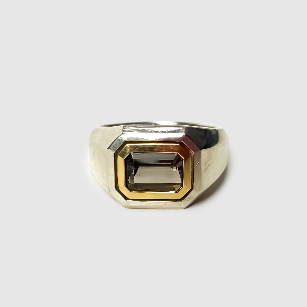Solitaire Small Rectangle Ring in Silver and Yellow Gold with Brown Tourmaline