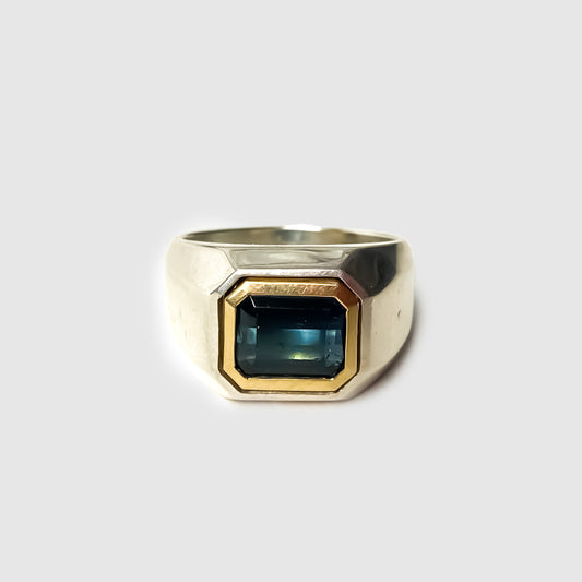 Solitaire Rectangle Ring in Silver and Yellow Gold with Blue Tourmaline